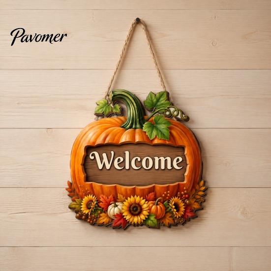 Autumn Welcome Sign Pumpkin Gnome for Front Door, Rustic Wood Hanging Wooden Ornament with Hemp Rope Fall Harvest Home Porch Wall Decorations