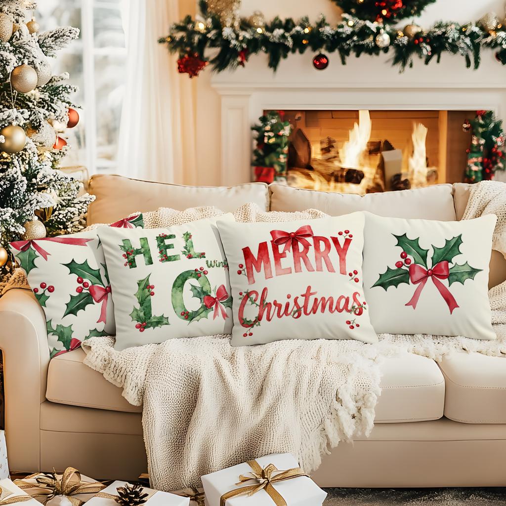 Winter Christmas Bow Pillowcase Printed Polyester 40/45/50cm Throw Pillowcover Decorative Sofa Cushion Pillowslip Home Decor