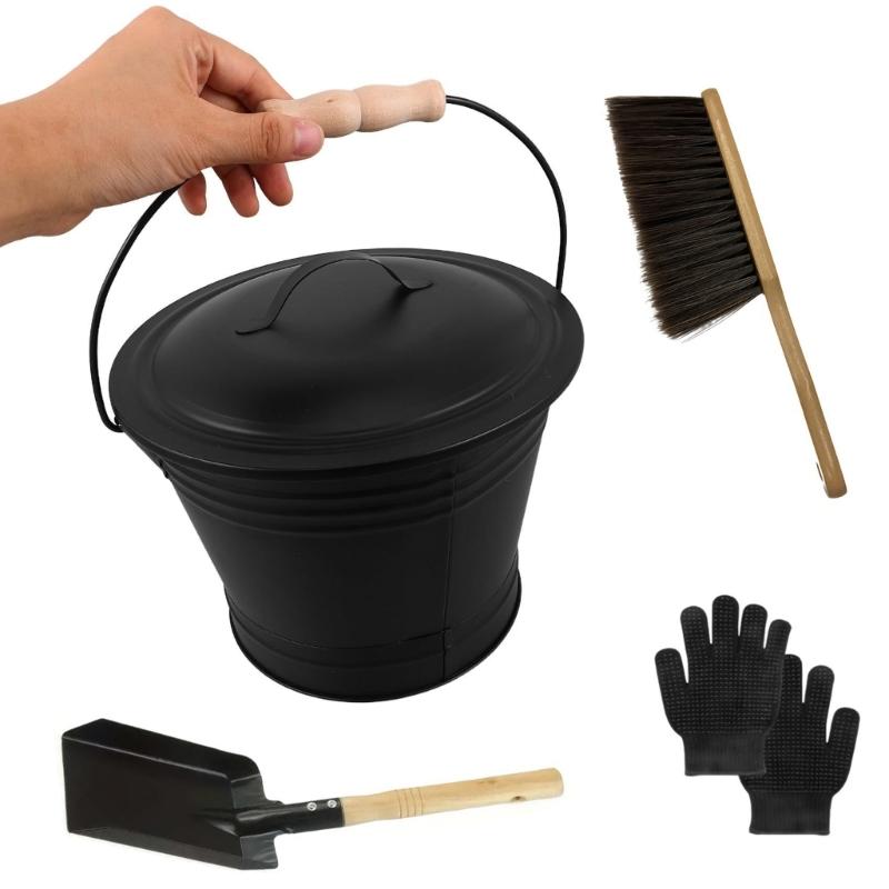 

1.3 Gallon Galvanized Irons Ashes Bucket Set Includes Shovel Brush Gloves For Fireplaces And Stove Maintenance 1