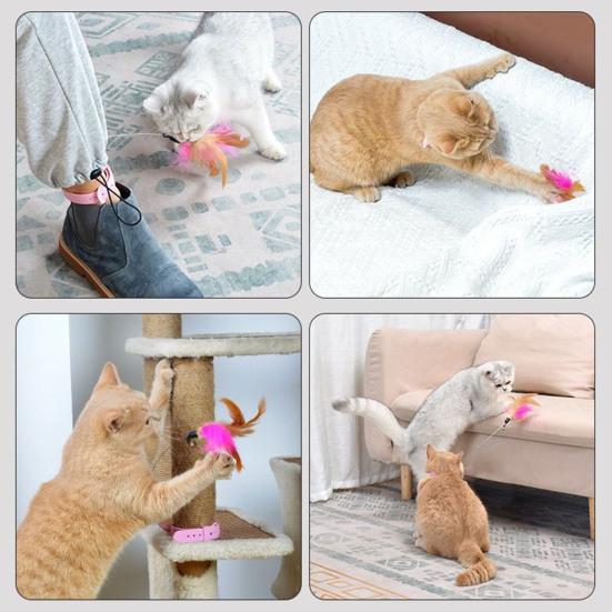 Cat Collar Feather Toy Interactive Cat Feather Wand Toy Hands Free Cat Teaser Wand with Bell Adjustable Collar for Indoor Kitty Solo Play