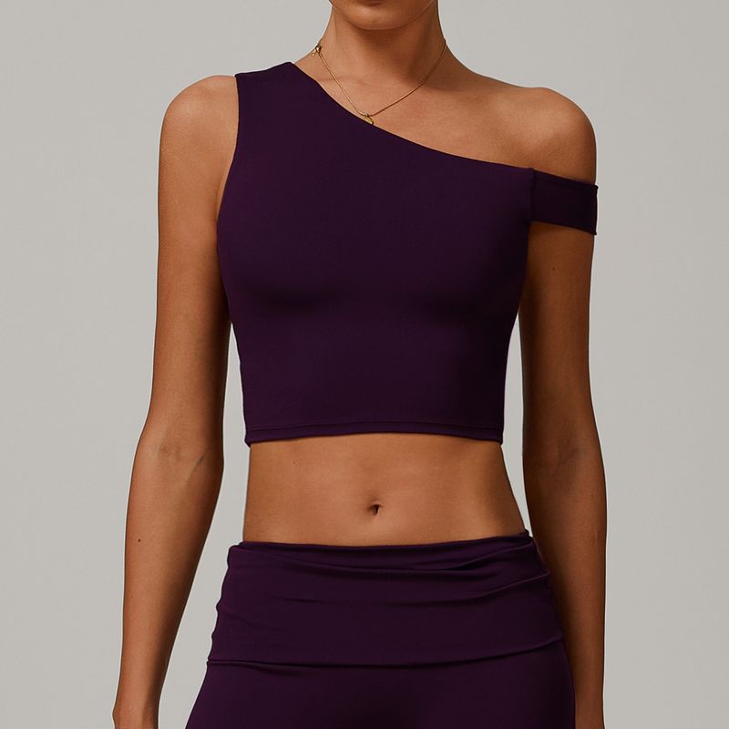 

Fashion Environmental-Friendly Fabric Yoga Beautiful Vest Women s Asymmetrical Slant Shoulder Outwear Running Sports Fitness Underwear with Chest Pad S Grape purple