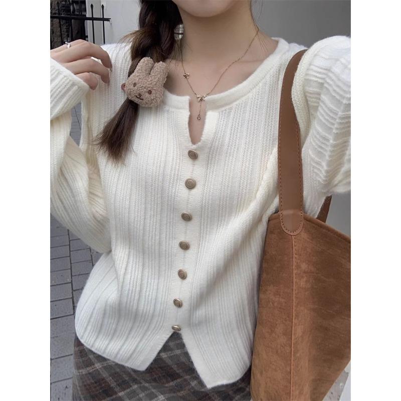 Soft Waxy Pit Strip Long-sleeved Knitted Sweater Women's Autumn and Winter New Design Sense Split Fork with Thin Top