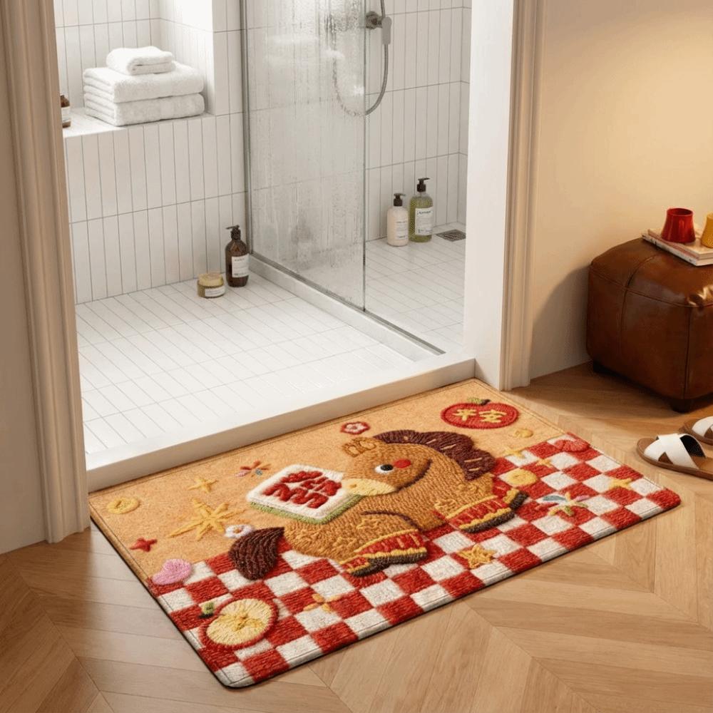 Weaving Texture Horse Floor Mat Cartoon Blessing Words 2026 New Year Anti Slip Mat Quick Dry Convenient Pony Door Mat