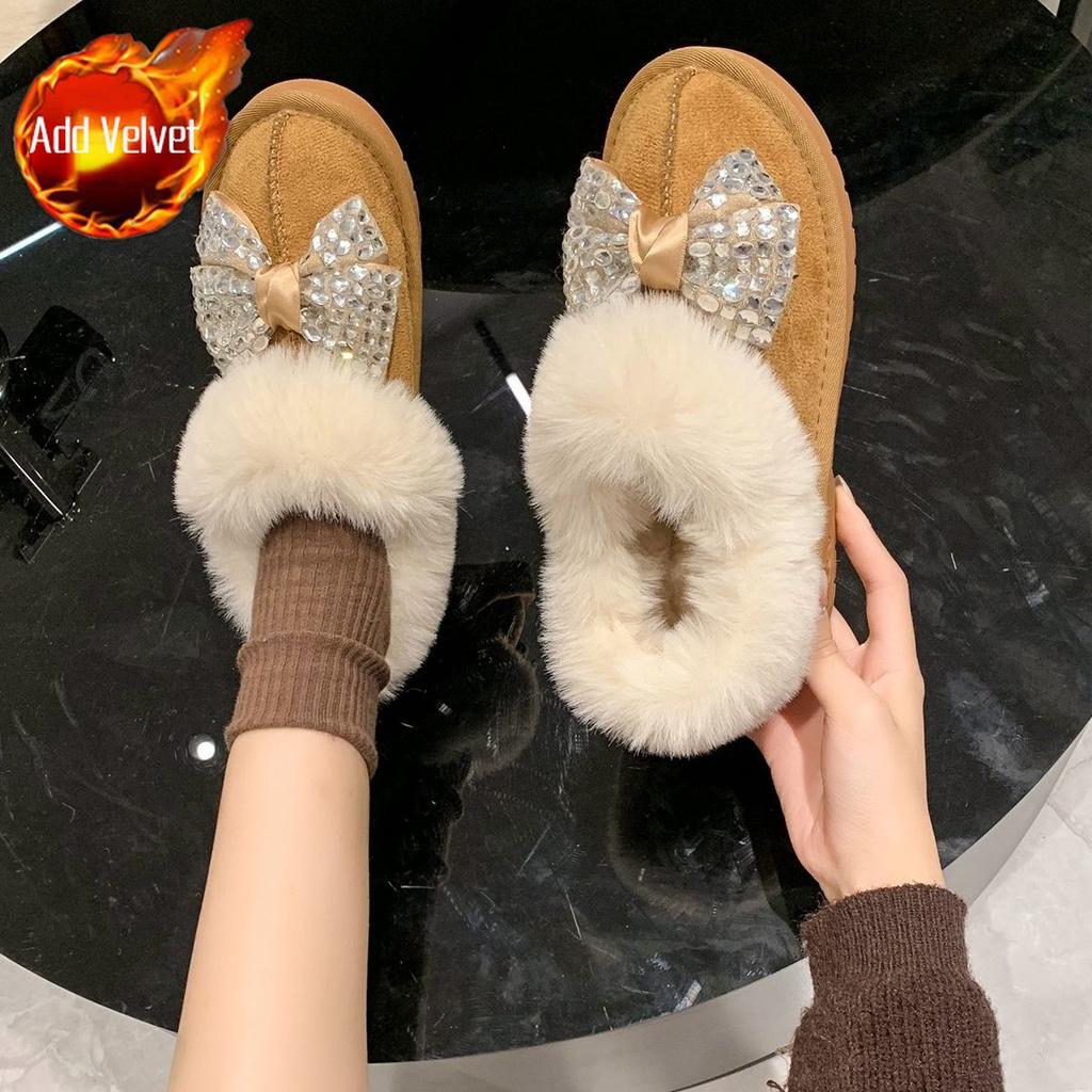 Rhinestone Bow Round Toe Flat Snow Boots for Women Winter Goth Trend 2026 New In Comfortable and Elegant Novelty Y2k Woman Shoes
