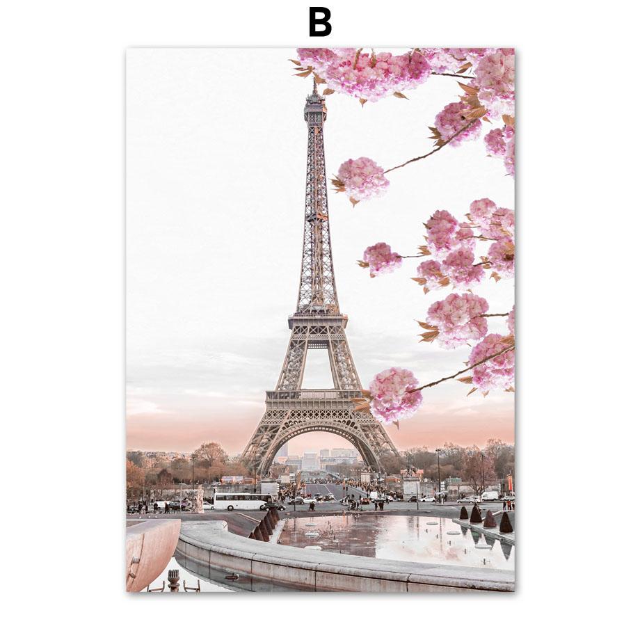 Rosa Körsbärsblommor Tåg Eiffeltornet Paris Cykel Nordiska Affischer och Tryck Duk Målning Väggkonst Bilder Vardagsrum Heminredning