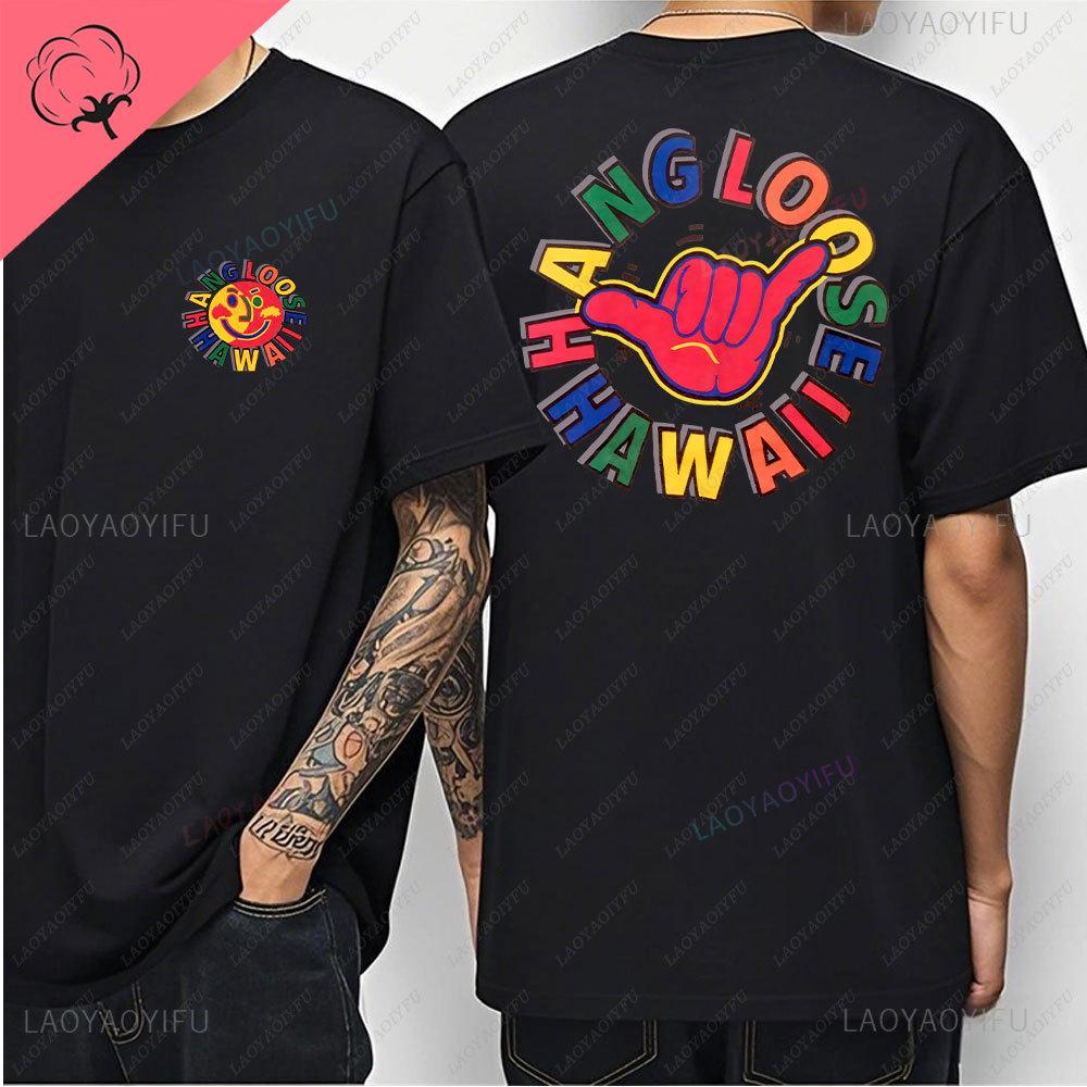 Hawaiian Style Mens Casual Tshirt Island Hanging Pine Shaka Surfboard Mens and Womens White Cotton Tee Retro Beach Surf Tops