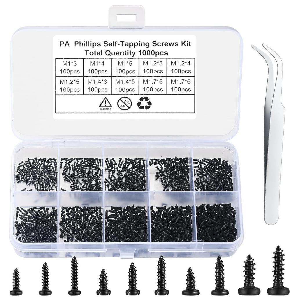 1200 ks sada malých samořezných šroubů s křížovou zápustnou hlavou M1-M1.7PA šrouby pro elektronické hodinky, brýle
