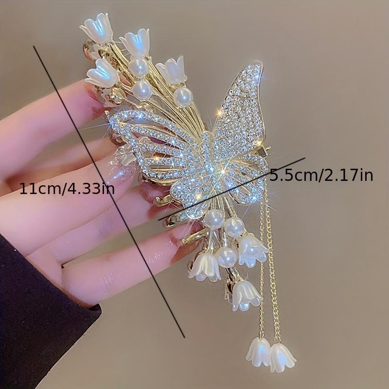 1Pc Cool Flower Butterfly Rhinestone Artificial Pearl Tassel Hairpin, Fairy Hair Accessories, Ideal for Gifts