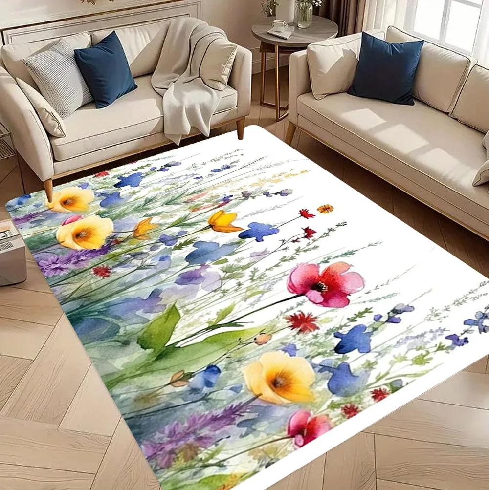 Bunter Aquarell-Blumen-Themen-Bereichsteppich Wohnzimmerdekoration Sofateppich Schlafzimmer Nachttischteppich Küche Couchtisch Bodenschutzmatte