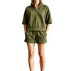 Damen Lässiges Sport-Zweiteiler-Set mit halbem Reißverschluss und geripptem Kragen, Kurzarm-Oberteil und Shorts, Loungewear