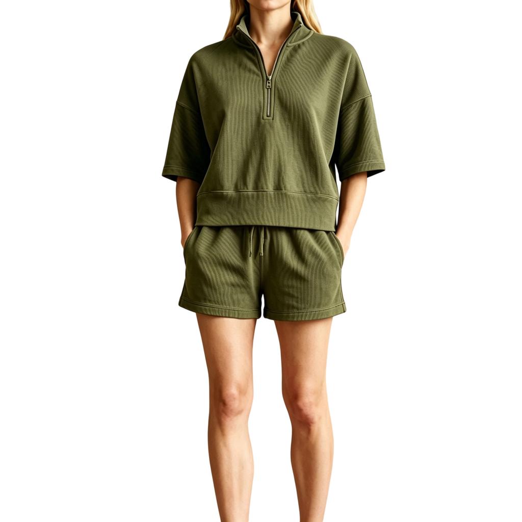 Damen Lässiges Sport-Zweiteiler-Set mit halbem Reißverschluss und geripptem Kragen, Kurzarm-Oberteil und Shorts, Loungewear