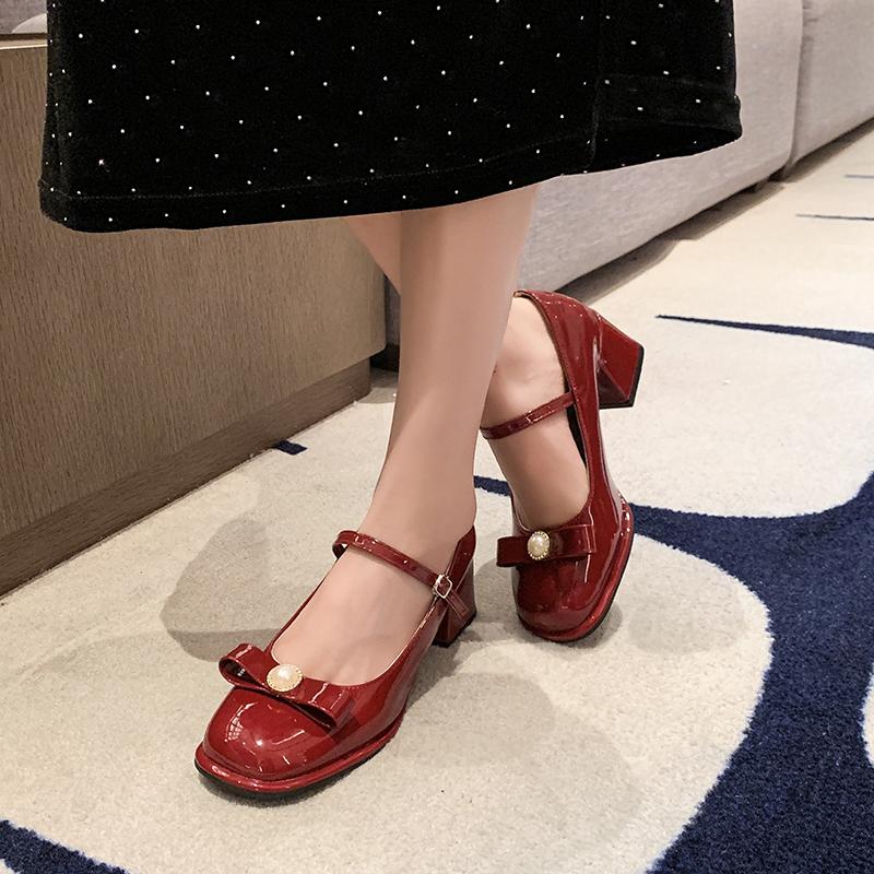 Fashion Square Heel Single Shoes Summer New Round Toe Shallow Mouth Pearl Bow One Strap Anti-Slip Wear-Resistant High Heels