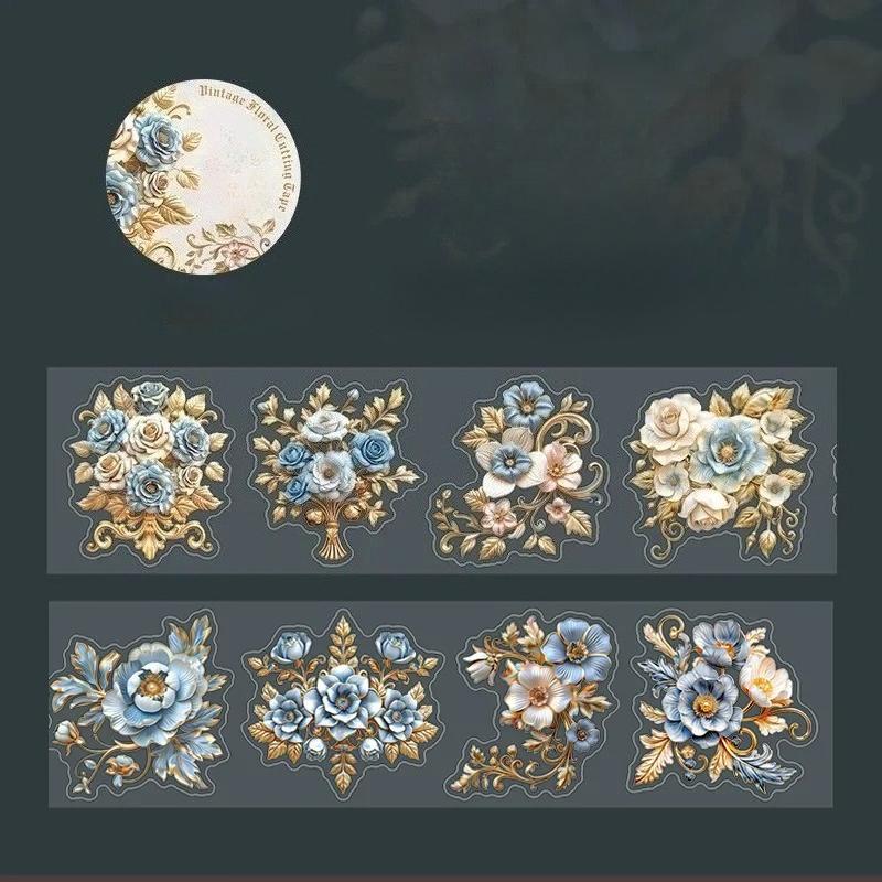 1Roll PET Tape Baroque Floral Material Loop Stickers Office School Supplies Retro Adhesives Handbook Scrapbook Cut