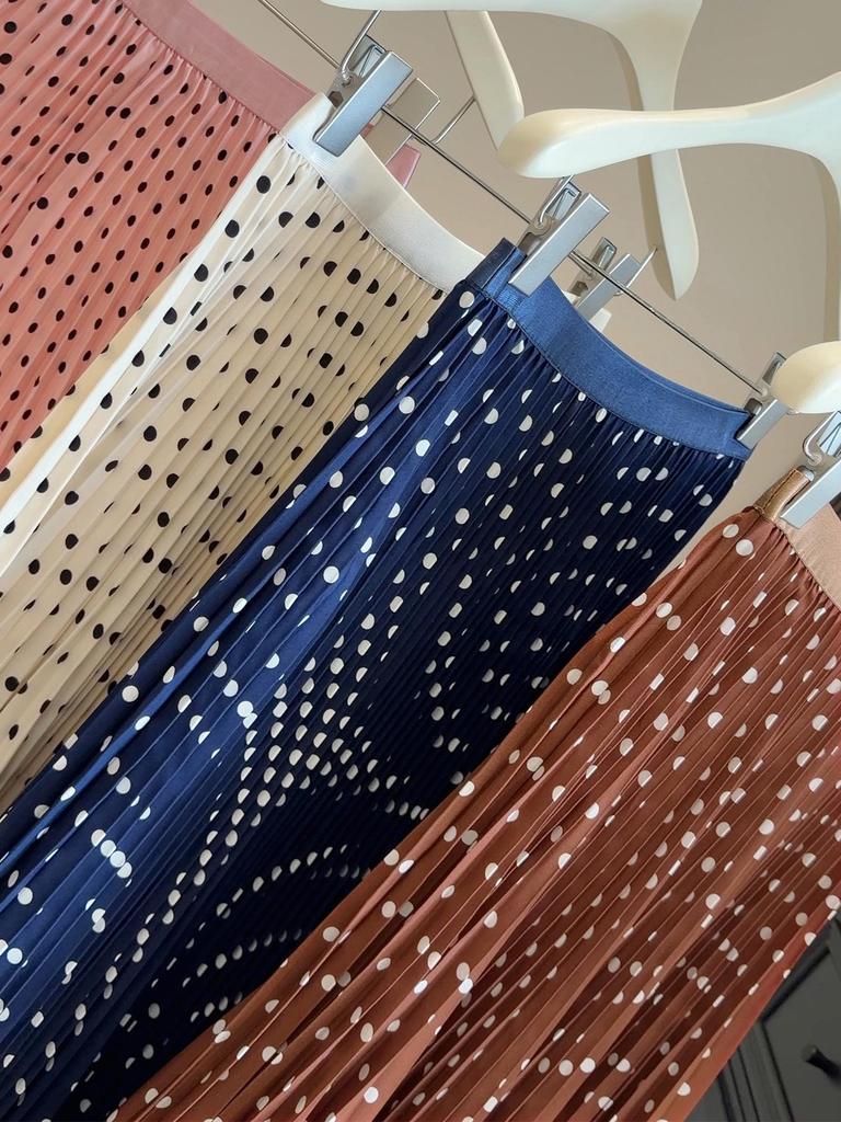 New Summer French Polka Dot High-Waist Pleated A-line Midi Skirt for Women