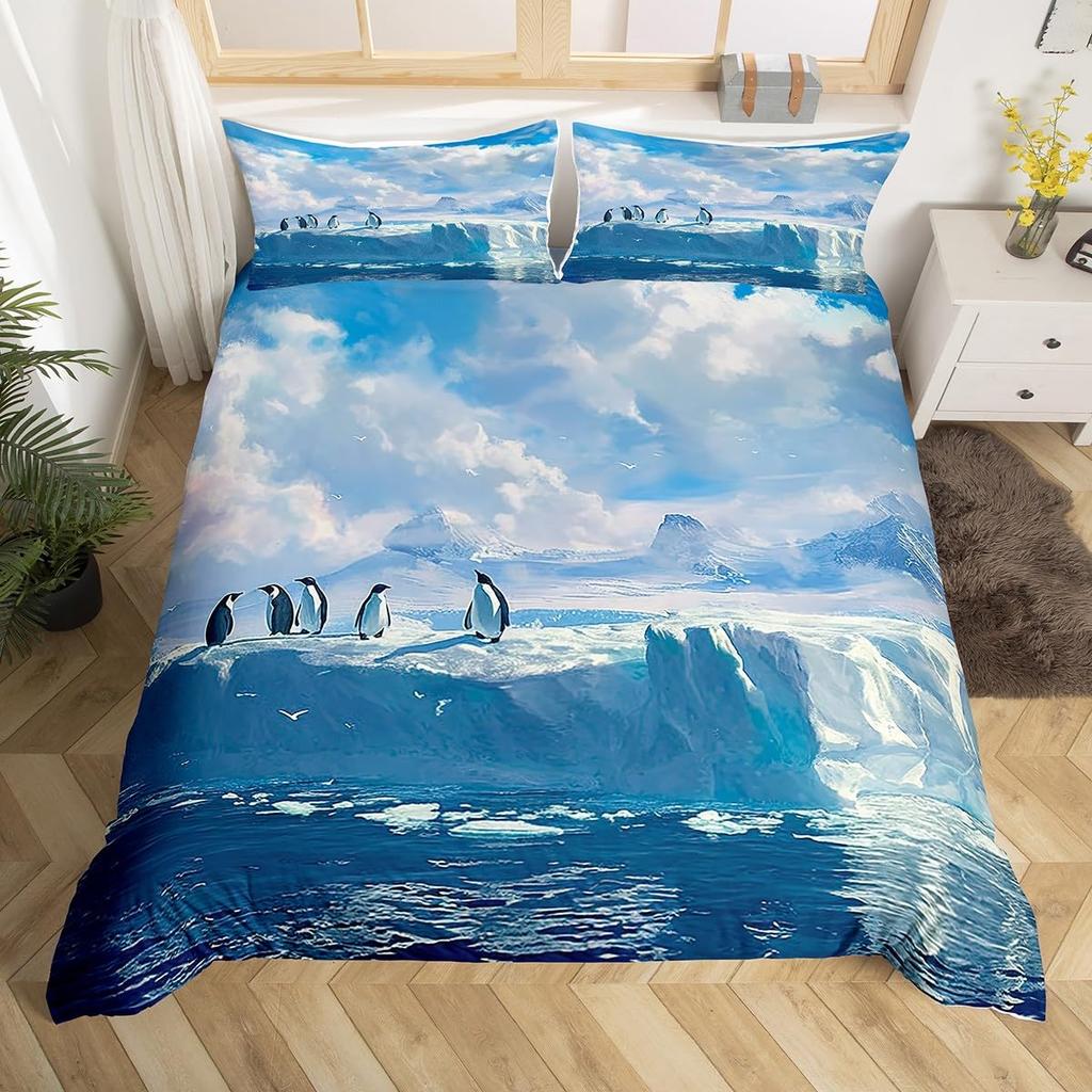 Cute Penguin Comforter Cover King Full Cartoon Animal Duvet Cover Watercolor Painting Bedding Set Antarctic Wildlife Quilt Cover