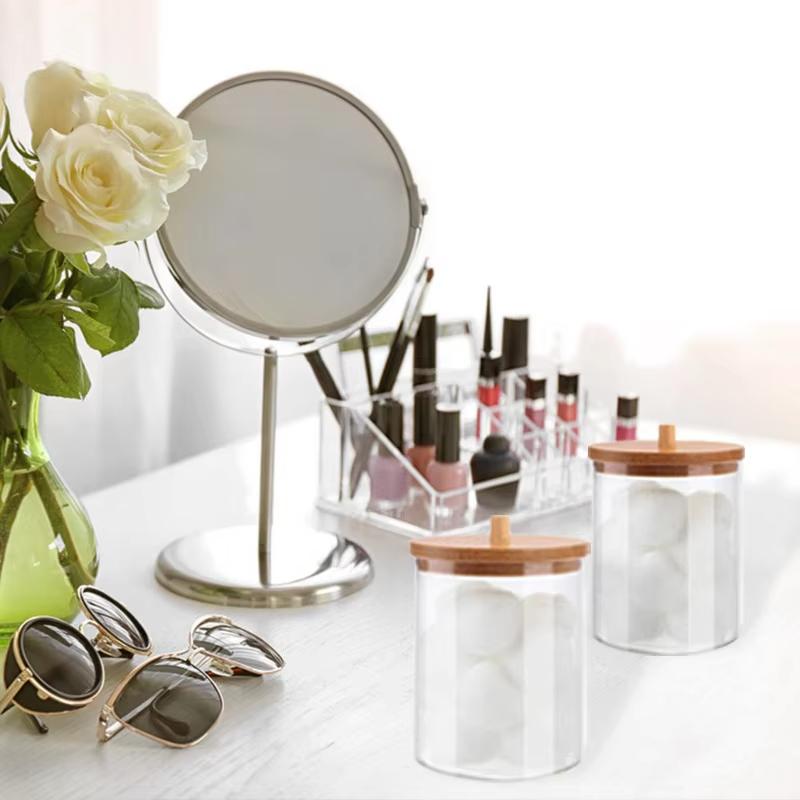 Acrylic Cosmetic Product Storage Box Containing Cotton Swab Container And Bamboo Lid Suitable For Toothpicks And Cotton Items