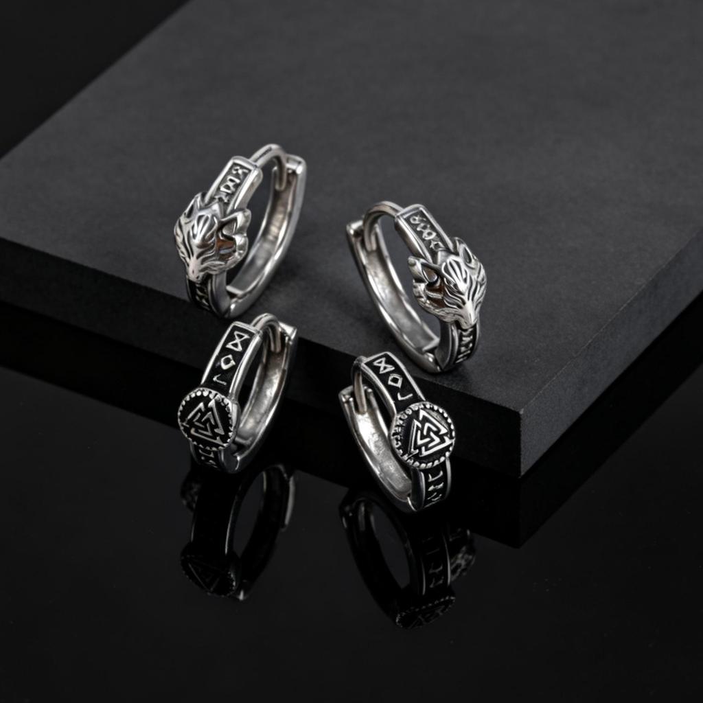 Vintage Viking Rune Hoop Earrings for Men Gothic Norse Viking Tiger Head Earrings Stainless Steel Nordic Amulet Jewelry Gifts