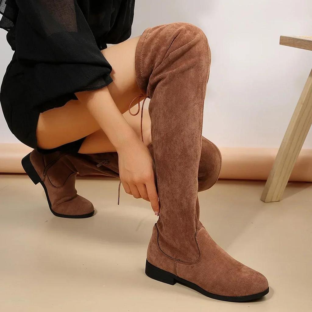 Faux Suede Female Thigh Gigh Boots Women New Autumn Zipper Elastic Knee-high Boots Woman Tube Lace-up Botas Mujer Size 43
