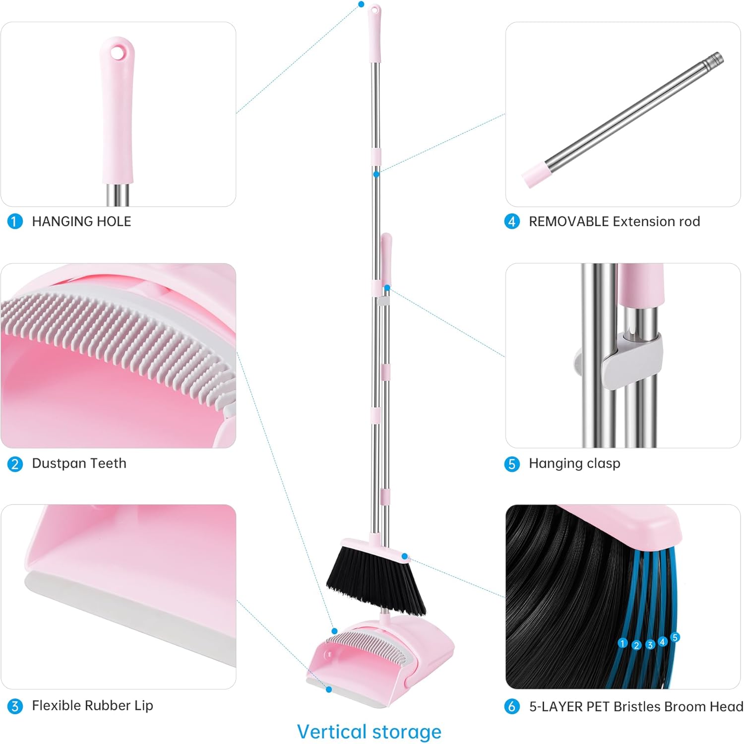Pink Broom and Dustpan Set, 52” Long Adjustable Handle Broom with Dustpan Combo Set with Dust Pan Teeth to Clean Hair for Home Lobby Office