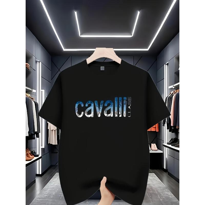 Evropské velikosti Pánské Stylové Sportovní Tričko s Krátkým Rukávem a Kulatým Výstřihem s Pohodlným A Všestranným Modrým Potiskem 'Cavalli', Ideální na Léto