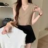 New Summer Solid Color Temperament V-Neck Short Knit Short Sleeve T-shirt Top Female