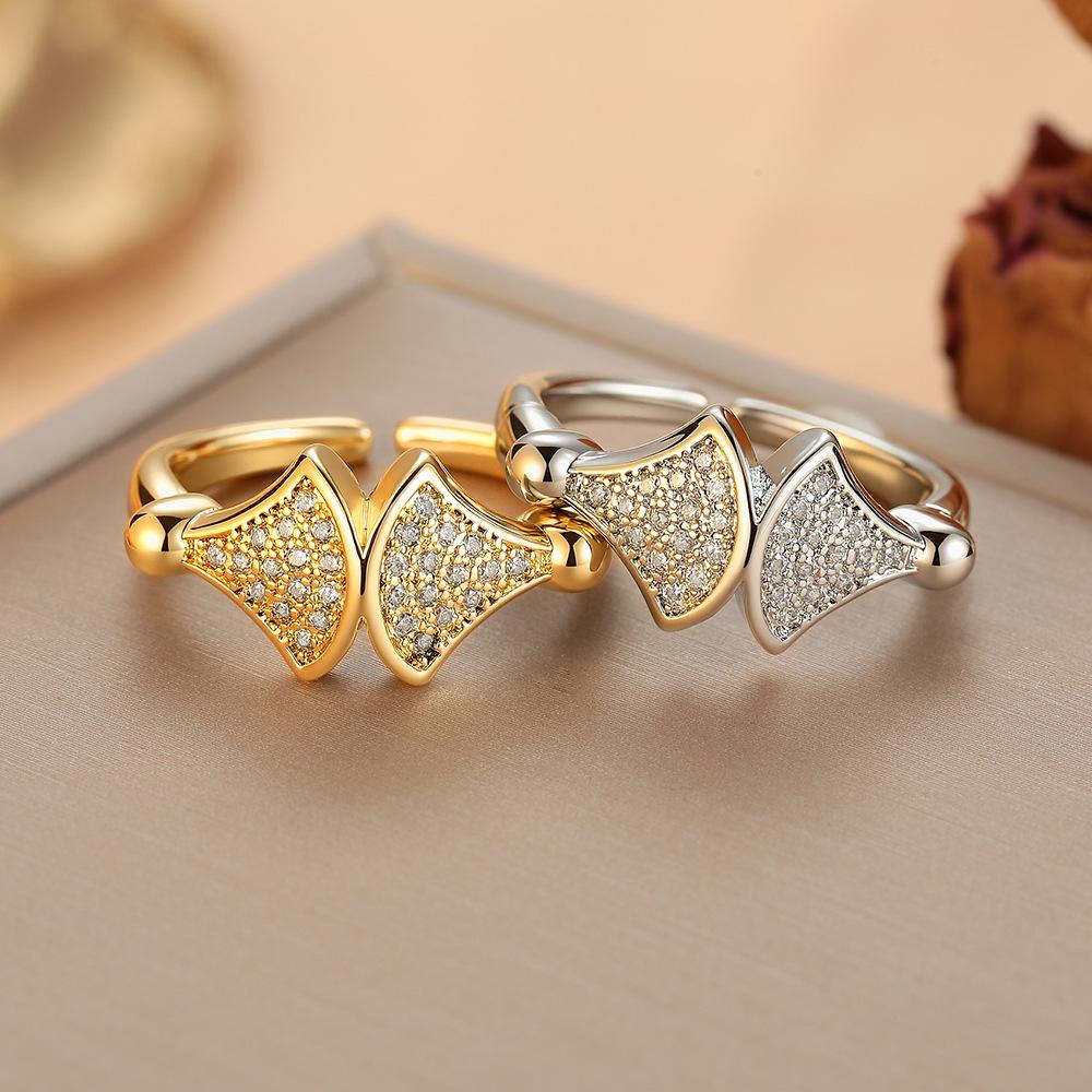 Adjustable Apricot Leaf Diamond Open Ring in Gold & Silver - Women's Fan Shape Index Finger Ring