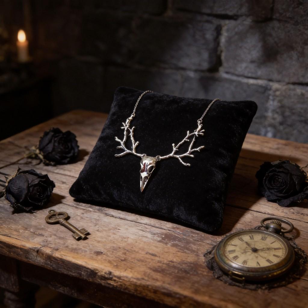 Collana Ciondolo Teschio di Corvo Corna di Cervo Gotico con Catena a Croce per Donne