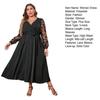 Women Gown Dress V-neck Embroidered Lace Mesh Long Sleeves Midi Dress High Waist Wrap Dress with Belt