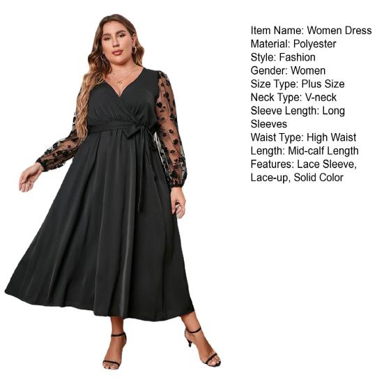 Women Gown Dress V-neck Embroidered Lace Mesh Long Sleeves Midi Dress High Waist Wrap Dress with Belt