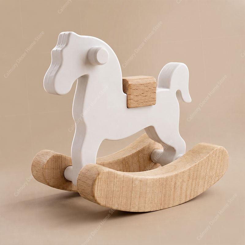 Mini Wooden Horse Toy Model Doll Decorative Accessories Simple Small Wooden Horse Rocking Horse Dollhouse Ornaments Home Decor