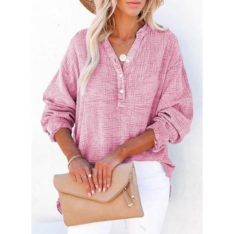 IHUASU Women's Fashion Casual Solid Color Print Long Sleeve V Neck Blouses & Shirts