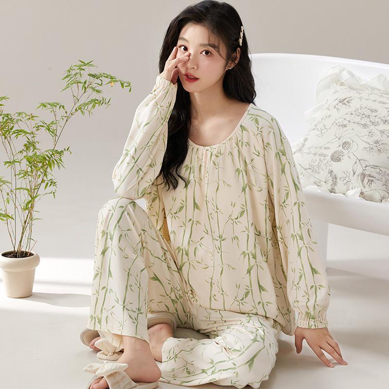 Dámské bavlněné pyžamo s dlouhým rukávem s kresleným potiskem na rok 2024: Tenký, nositelný venku, ideální pro podzim/zimu/jaro