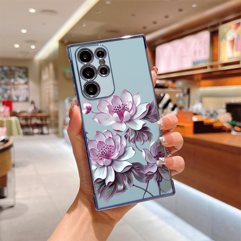 Luxury Plating Phone Case For Samsung Galaxy Note 10 20 Lite S24 S23 S22 S21 S20 Ultra FE Plus 5G Pink Lotus Silicone Soft Cover