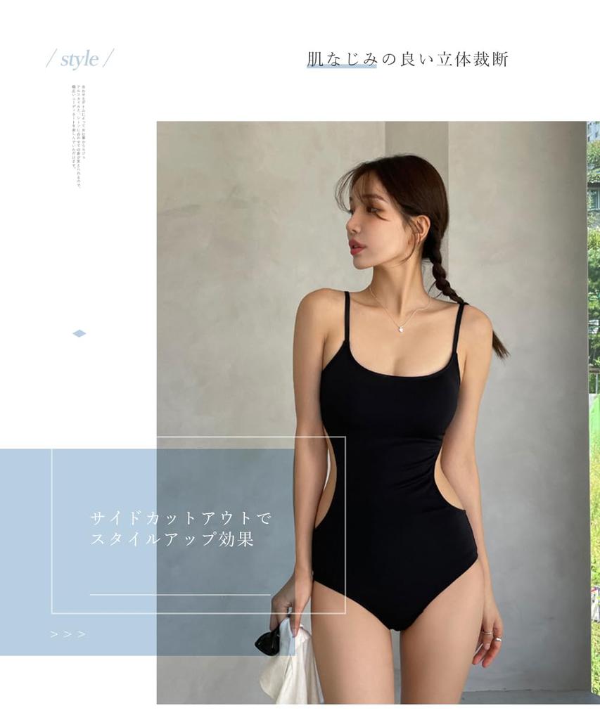 [EnagmourCheripo] Backless One-Piece Swimsuit with Chest Pads, Sexy, Body-Shaping, Solid Color, Lightweight, Sleeveless, Tight Fit, Cute, All-in-One,