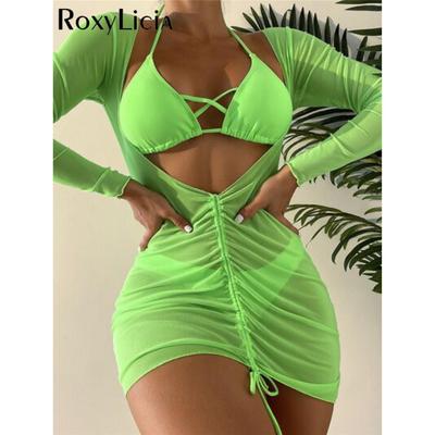 Mit Langarm Kleid Halter Bikini Weiblichen Badeanzug Frauen Bademode Drei-stück Bikini set Badende Badeanzug Schwimmen Dame