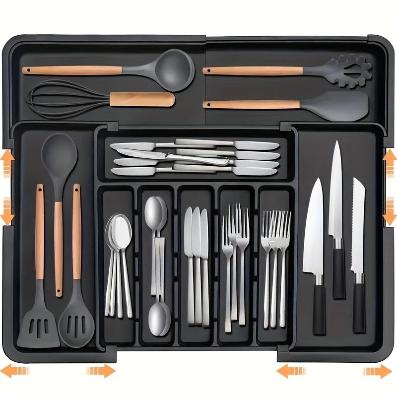 

Очень большой расширяемый органайзер для кухонного ящика, 8 отделений, регулируемый лоток для столовых приборов, подходит для всех сезонов, черный чёрный