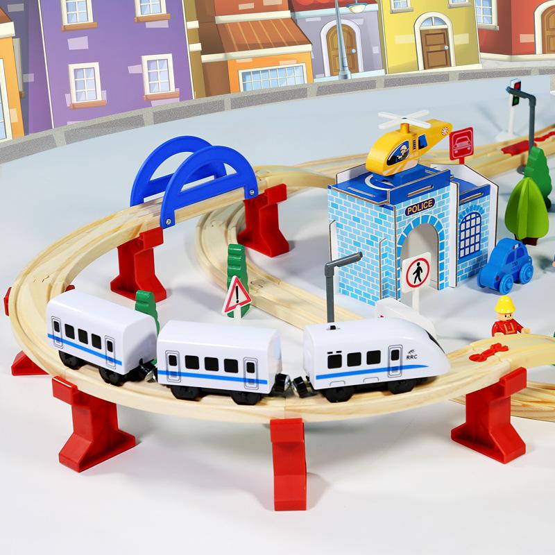 Wooden Children'S Early Education Urban Transportation 96 Pieces Power Train Track Combination Exercise Hand-Eye Coordination Educational Toys