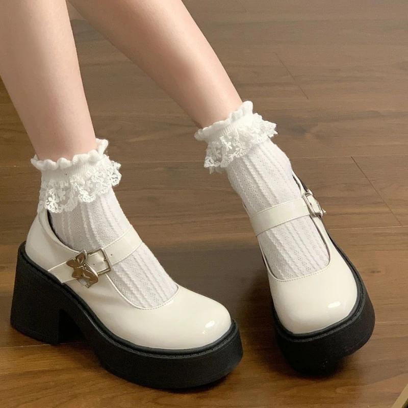 Fashion Ladies Pumps Japanese Style Lolita Chunky Heels Gothic Block Heel Platform Round Toe with Medium Mary Jane Women's Shoes Korean