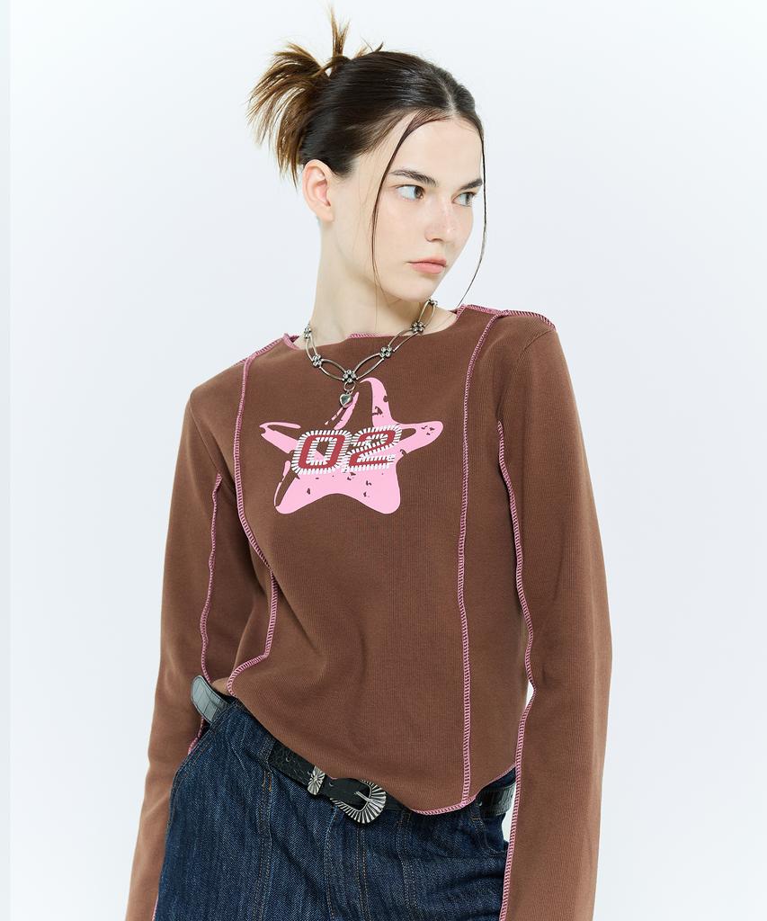 LARTIGENT L6 Overlock Unbalance Sleeve Tee(Brown)