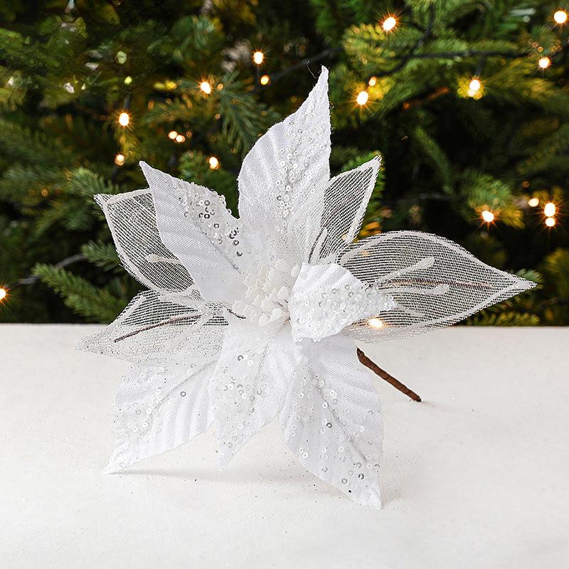 

Блестящие рождественские цветы, елочные украшения, домашние искусственные цветы, рождественские украшения, новогодние украшения белый