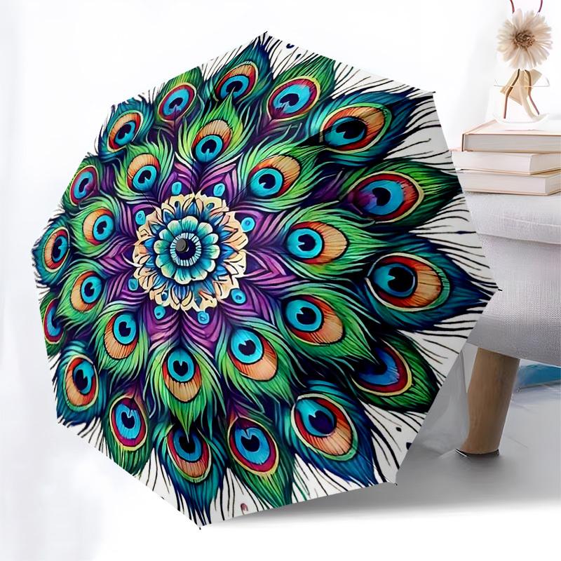 

1pc Peacock Feather Mandala Automatic Opening Folding Umbrella - Portable 3-Fold Design with Iron Frame, Outdoor, Festival Gift for Fans, Travelers, D