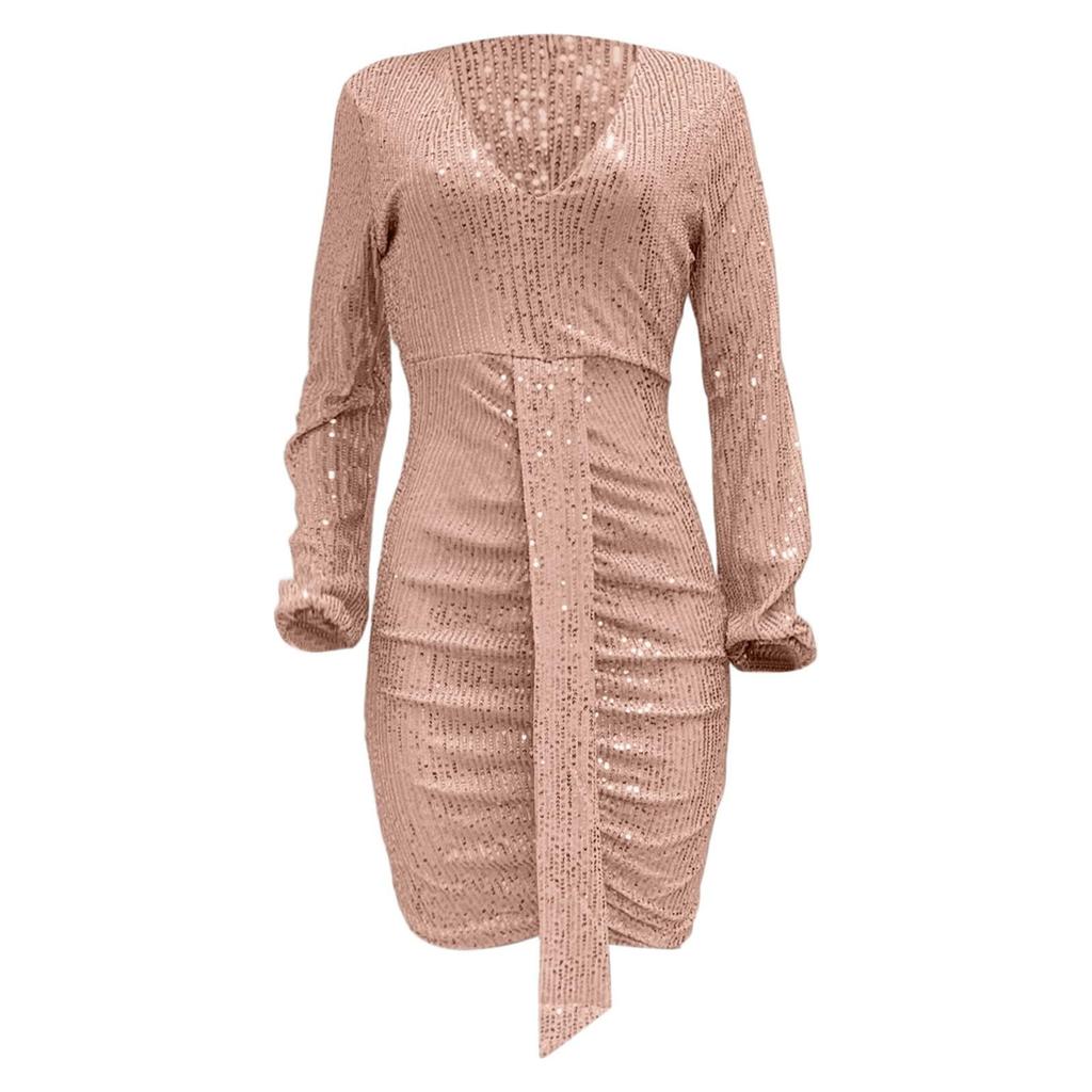 Women's Fashion Party Solid Color V-neck Long Sleeved Slim Fit Sequin Pleated Ribbon Wrapped Hip Dress Evening Dress