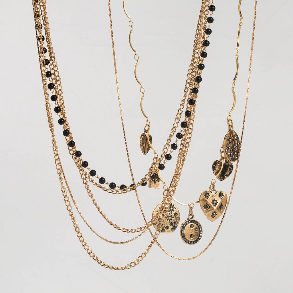 Personalized Retro Multi-layer Beaded Chain Stacked Long Necklace ZA Fringed Geometric Love Pendant Sweater Chain