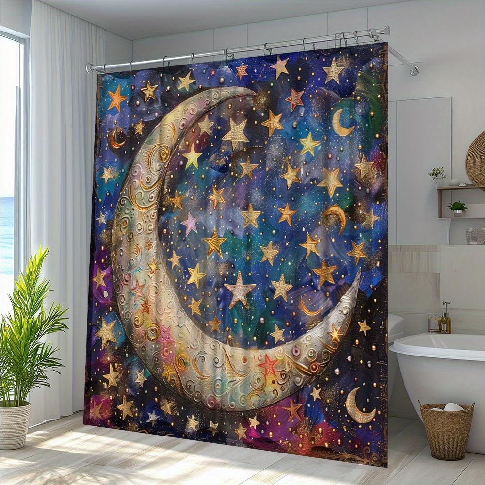Starry Night Moon Shower Curtain - Waterproof, Mildew-Resistant with Cosmic Design for a Dreamy and Magical Bathroom Decor