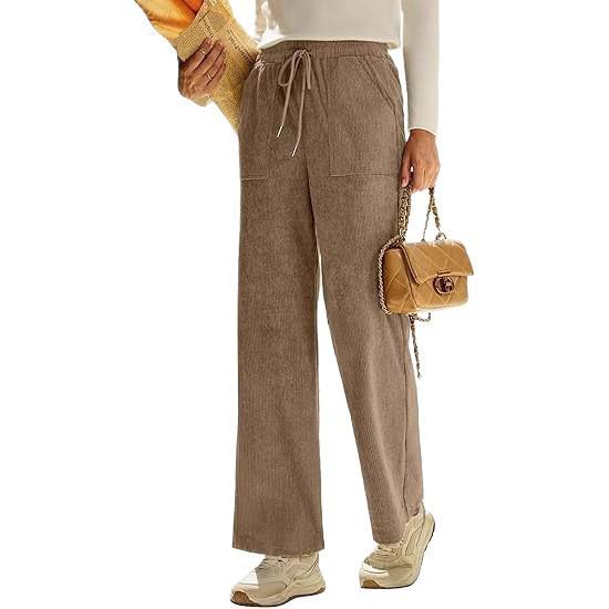 2026 Spring Elastic High Waist Lace-Up Corduroy Pants, Wide-Leg, with Pockets, Casual Long Trousers.