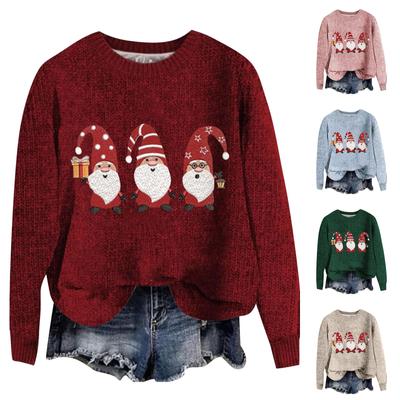 Moda feminina casual manga comprida estampa de natal gola lã malha pulôver top