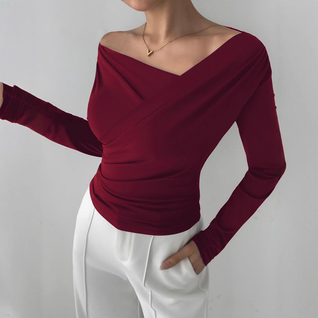 DAFIFY Women's Fashion Casual Spring Autumn Solid Color Print Long Sleeve Oblique Collar Blouses & Shirts