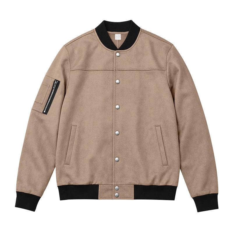 Men Faux‑Suede Bomber Jacket, Snap‑Button Front Contrast Ribbed Collar Cuffs Hem Zippered Sleeve Pocket Side Hand Pockets Casual Streetwear Outerwear
