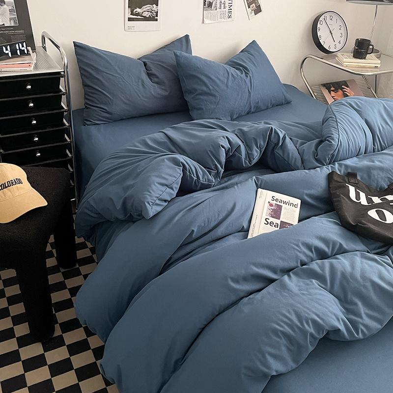 Bettwäsche-Set aus gewaschener Baumwolle 4-teilig Bettlaken-Set Einfarbig Bettbezug Paar Queen King Size Bett Steppdeckenbezug