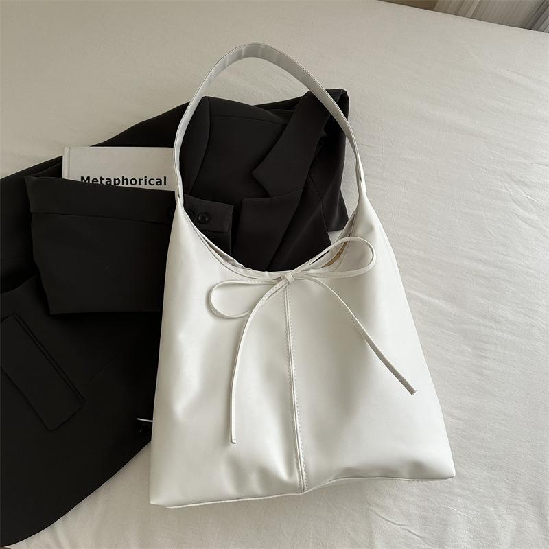 Casual Retro Large Capacity 2025 Bow Solid Color New Simple Purchase Fashion Class Commuter Shoulder Tote Bag